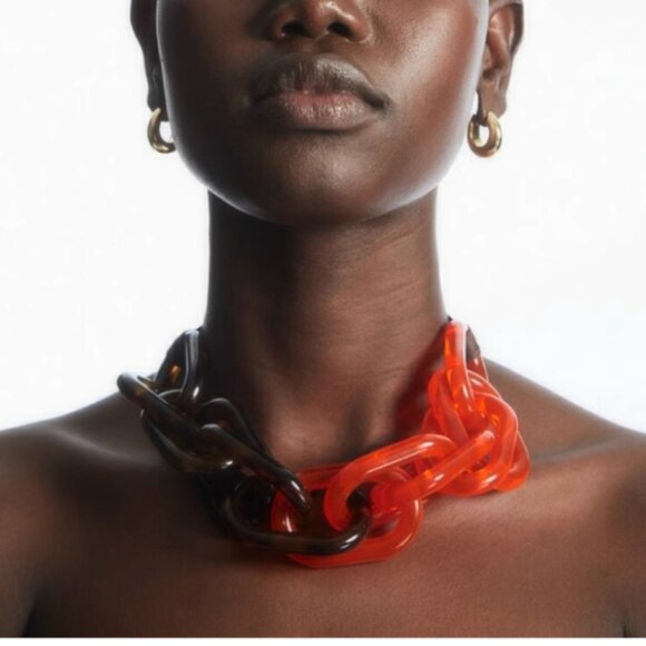 COS Oversized-Link Grosgrain Ribbon Necklace Tortoise Shell/Orange - Picture 1 of 3